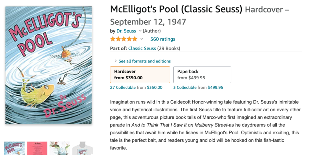 Dr. Seuss' McElligot's pool is still selling used on Amazon, and costs hundreds of dollars.