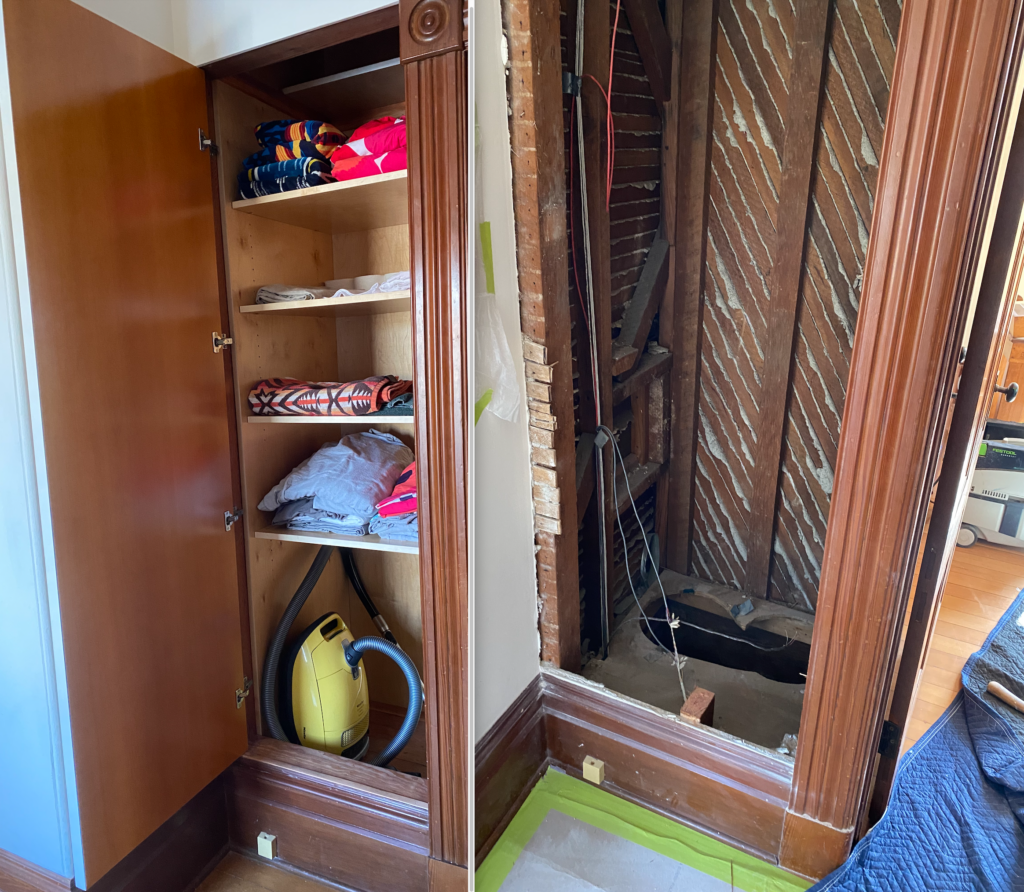 Recapturing gas furnace duct space for linen closet before and after.